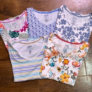 5 Croft & Barrow V Neck Floral / Striped Cotton Tops Set Bundle- Blue / Red Set
